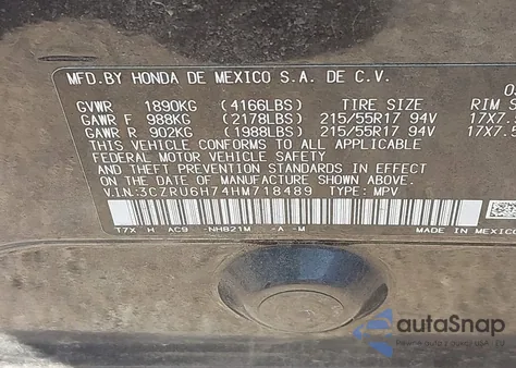 2017 Honda Hr-V Ex-L from USA, damaged, VIN 3CZRU6H74HM718489